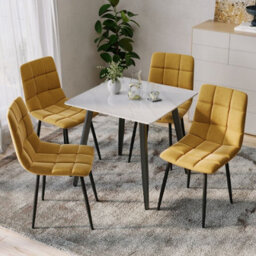 Urbn-Living Urbnliving 5Pcs Gloss White Modern Ceramic Top Dining Table & Yellow Velvet Chairs With Metal Legs - thumbnail 2