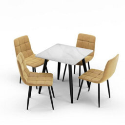 Urbn-Living Urbnliving 5Pcs Gloss White Modern Ceramic Top Dining Table & Yellow Velvet Chairs With Metal Legs - thumbnail 6