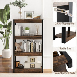 Costway 4 Tier Bookshelf Wooden Bookcase Shelving Unit Rustic Brown - thumbnail 8