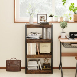 Costway 4 Tier Bookshelf Wooden Bookcase Shelving Unit Rustic Brown - thumbnail 6
