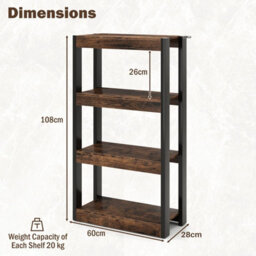Costway 4 Tier Bookshelf Wooden Bookcase Shelving Unit Rustic Brown - thumbnail 3