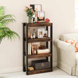 Costway 4 Tier Bookshelf Wooden Bookcase Shelving Unit Rustic Brown - thumbnail 1