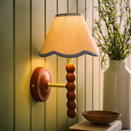 Valuelights Bobbin Walnut Bobble Wall Light And Blue Trim Linen Lamp Shade - thumbnail 2