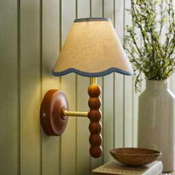Valuelights Bobbin Walnut Bobble Wall Light And Blue Trim Linen Lamp Shade