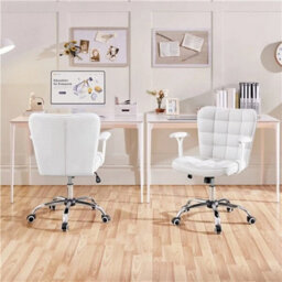 White Pu Leather Home Office Chair With Detachable Padded Armrests Cute Vanity Chair - thumbnail 6
