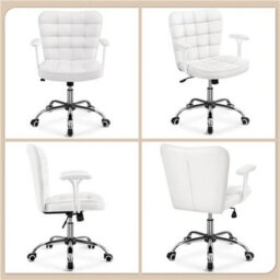 White Pu Leather Home Office Chair With Detachable Padded Armrests Cute Vanity Chair - thumbnail 5