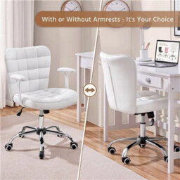 White Pu Leather Home Office Chair With Detachable Padded Armrests Cute Vanity Chair - thumbnail 4