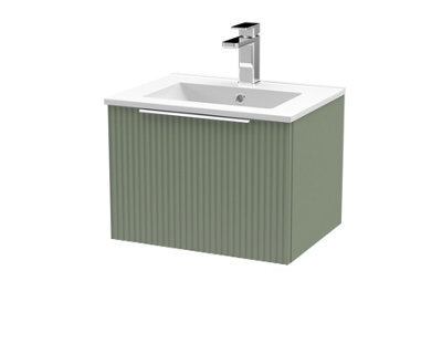 Hudson Reed Fluted Wall Hung 1-Drawer Vanity And Minimalist Basin, Contemporary Sink Vanity Unit, Satin Green, 500mm - image 1