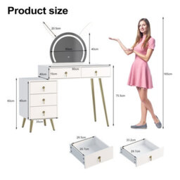 Keepreaper White Dressing Table Vanity Desk With Mirror Led Lights 5 Drawers And Metal Legs - thumbnail 2