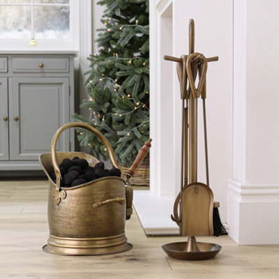Dibor Contemporary Antique Brass Fireside 4 Piece Freestanding Companion Set With Coal Bucket And Shovel