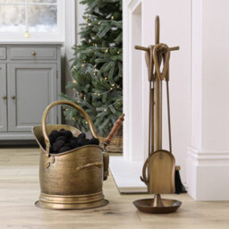 Dibor Contemporary Antique Brass Fireside 4 Piece Freestanding Companion Set With Coal Bucket And Shovel