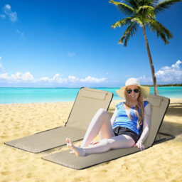 Outsunny 2 Pieces Outdoor Beach Mat Steel Reclining Chair Set W/ Pillow Beige - thumbnail 1