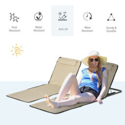 Outsunny 2 Pieces Outdoor Beach Mat Steel Reclining Chair Set W/ Pillow Beige - thumbnail 4