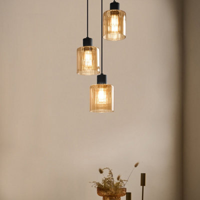Beliani Three-Light Pendant Lamp With Amber Glass Shades, Black Iron Frame, 120Cm Drop - image 1