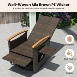 Costway Outdoor Swivel Rattan Recliner Chair Patio Wicker Chaise Lounge Chair W/ Cushions-Beige - thumbnail 7