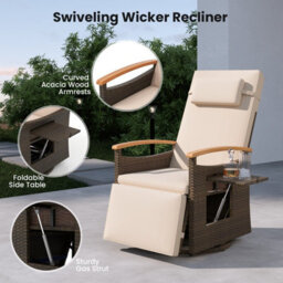 Costway Outdoor Swivel Rattan Recliner Chair Patio Wicker Chaise Lounge Chair W/ Cushions-Beige - thumbnail 9