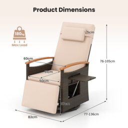 Costway Outdoor Swivel Rattan Recliner Chair Patio Wicker Chaise Lounge Chair W/ Cushions-Beige - thumbnail 3
