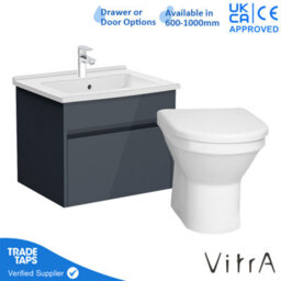 Vitra 600mm Wall Hung Bathroom Vanity Unit With 1 Drawer Includes Basin, Chrome Tap And Back To Wall Toilet - Grey Gloss - thumbnail 1
