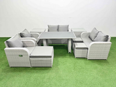 Fimous 10 Pieces Outdoor Pe Rattan Sofa Reclining Chair Set With Cushions 2 Side Tables 3 Stools Light Grey - image 1
