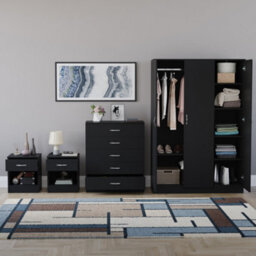 Lassic Vida Designs Riano 4 Piece Bedroom Set (1 Drawer Bedside Chest, 5 Drawer Chest, 3 Door Wardrobe), Black - thumbnail 2