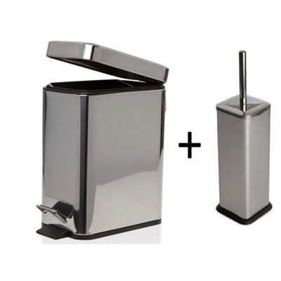 5L Pedal Bin With Toilet Brush Holder Waste Storage Solution Kitchen & Bathroom 5 Liter Silver Bin & Brush Holder Set - image 1