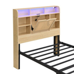 Abrihome Modern Bed With Led Lights & Usb Charging Port Wooden Style Storage Headboard & Rattan Wheelie Drawer 3Ft Single Bed 90X190Cm - thumbnail 7