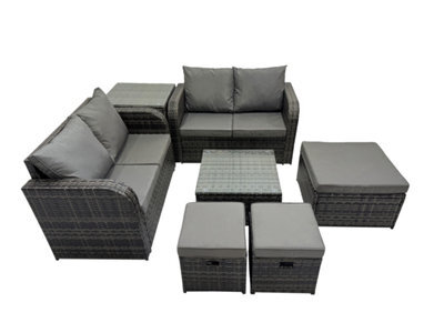 Fimous Rattan Garden Outdoor Furniture Set Love Sofa Square Coffee Table Set With Side Table 3 Stools Dark Grey Mixed - image 1