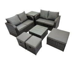 Fimous Rattan Garden Outdoor Furniture Set Love Sofa Square Coffee Table Set With Side Table 3 Stools Dark Grey Mixed - thumbnail 2
