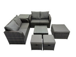 Fimous Rattan Garden Outdoor Furniture Set Love Sofa Square Coffee Table Set With Side Table 3 Stools Dark Grey Mixed - thumbnail 1