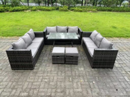 Fimous 11 Seater Rattan Outdoor Furniture Sofa Garden Dining Set With Patio Dining Table 2 Small Footstools - thumbnail 2