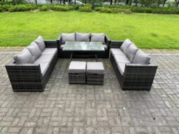 Fimous 11 Seater Rattan Outdoor Furniture Sofa Garden Dining Set With Patio Dining Table 2 Small Footstools - thumbnail 1