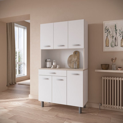 FurniComp LTD Furnicomp Hunter Tall Kitchen Pantry Cupboard With Microwave Shelf - Matt White & Acacia Oak - image 1