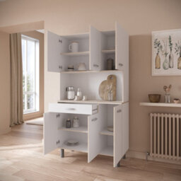 FurniComp LTD Furnicomp Hunter Tall Kitchen Pantry Cupboard With Microwave Shelf - Matt White & Acacia Oak - thumbnail 2