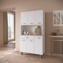 FurniComp LTD Furnicomp Hunter Tall Kitchen Pantry Cupboard With Microwave Shelf - Matt White & Acacia Oak