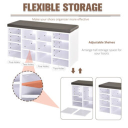 Homcom Multi-Storage Shoe Rack 14 Compartments Cushion Moving Shelves Home White - thumbnail 6