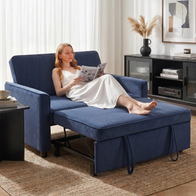 Homcom 2 Seater Sofa Bed, 3-In-1 Velvet Pull Out Sleeper Sofa, Dark Blue - image 1