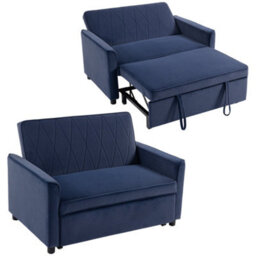 Homcom 2 Seater Sofa Bed, 3-In-1 Velvet Pull Out Sleeper Sofa, Dark Blue - thumbnail 2