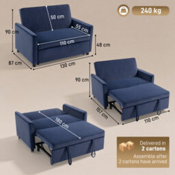 Homcom 2 Seater Sofa Bed, 3-In-1 Velvet Pull Out Sleeper Sofa, Dark Blue - thumbnail 3