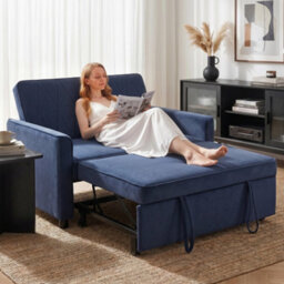 Homcom 2 Seater Sofa Bed, 3-In-1 Velvet Pull Out Sleeper Sofa, Dark Blue - thumbnail 1