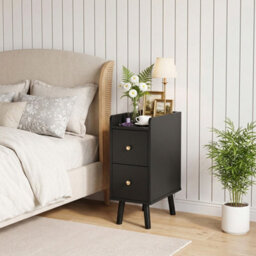 Living And Home Modern Black Mdf Bedside Table With 2 Drawers, 20Cm W - thumbnail 1