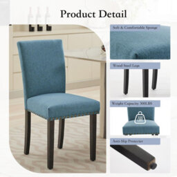London Boutique 2 Pack Parsons Dining Chairs, Linen Upholstered High Back Kitchen Chairs, Nailhead Trim, Wooden Legs, Blue - thumbnail 5