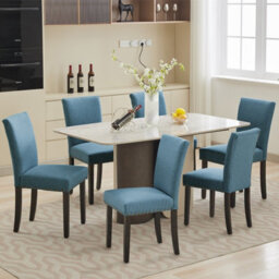 London Boutique 2 Pack Parsons Dining Chairs, Linen Upholstered High Back Kitchen Chairs, Nailhead Trim, Wooden Legs, Blue - thumbnail 3