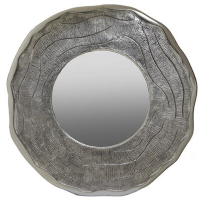 Orsina Large Oak Effect Silver Wall Mirror, Contemporary Round Wall Mirror For Living Room, Heavy Metal Art Mirror - image 1