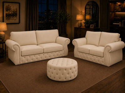 Rio Chesterfield Sofa Set With Free Footstool - Cream 3 Plus 2 Seater