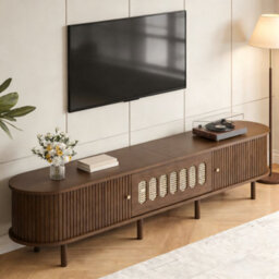 Btm 180Cm Oval Tv Cabinet, Rattan Design Lowboard With Roll Up Door And Drop Down Storage, Dark Walnut - thumbnail 3