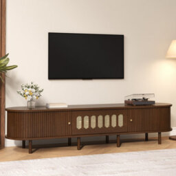 Btm 180Cm Oval Tv Cabinet, Rattan Design Lowboard With Roll Up Door And Drop Down Storage, Dark Walnut