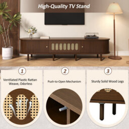 Btm 180Cm Oval Tv Cabinet, Rattan Design Lowboard With Roll Up Door And Drop Down Storage, Dark Walnut - thumbnail 7