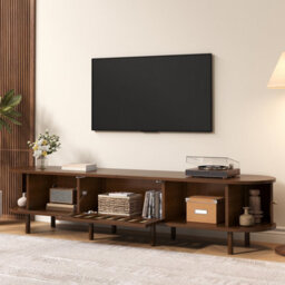 Btm 180Cm Oval Tv Cabinet, Rattan Design Lowboard With Roll Up Door And Drop Down Storage, Dark Walnut - thumbnail 2