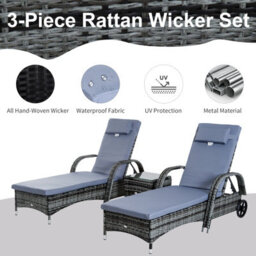 Outsunny 3 Pcs Rattan Lounger Recliner Bed Garden Furniture Set W/ Side Table - thumbnail 4