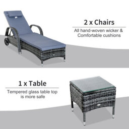 Outsunny 3 Pcs Rattan Lounger Recliner Bed Garden Furniture Set W/ Side Table - thumbnail 6